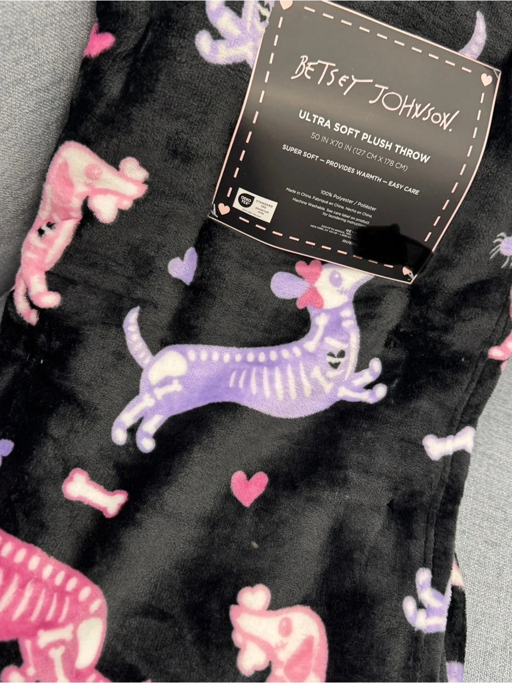 Betsey Johnson Black Plush Throw with Pink & Purple Dachshund Skeletons